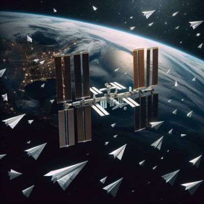 The International Space Station orbiting Earth with numerous paper planes surrounding it