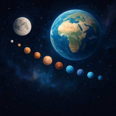Earth and the Moon are shown in space with all eight planets of the Solar System