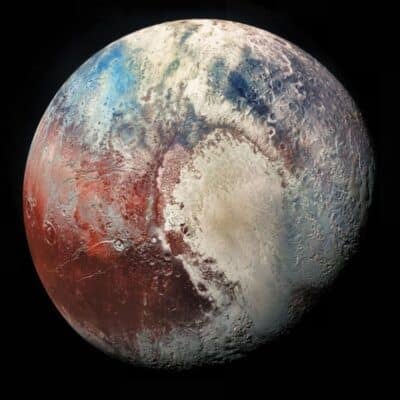 Color-enhanced view of Pluto showing its diverse surface features