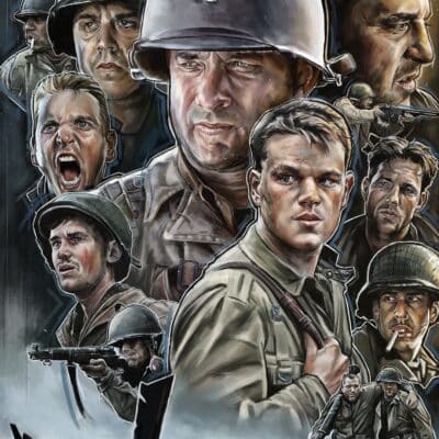 Illustrated collage of soldiers from Saving Private Ryan in combat gear with intense expressions