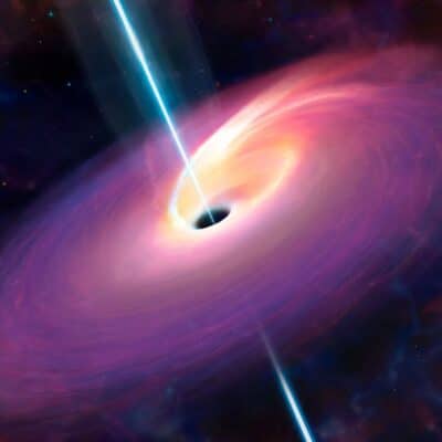 Bright beam and glowing gas swirl around a black hole in space