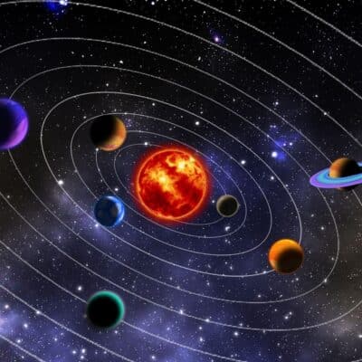 Illustration of the Sun and planets in the solar system with orbital paths
