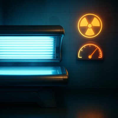 Tanning bed glowing blue beside radiation and risk level warning symbols