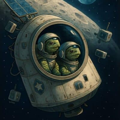 Two tortoises wearing space helmets sit inside a small spacecraft orbiting the Moon
