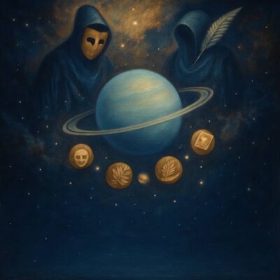 Uranus surrounded by symbolic moons and hooded figures representing literature
