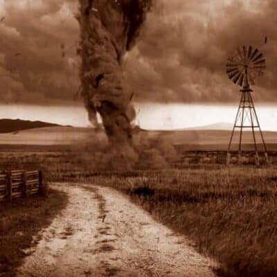 Dusty tornado spiraling across field near windmill under stormy sky