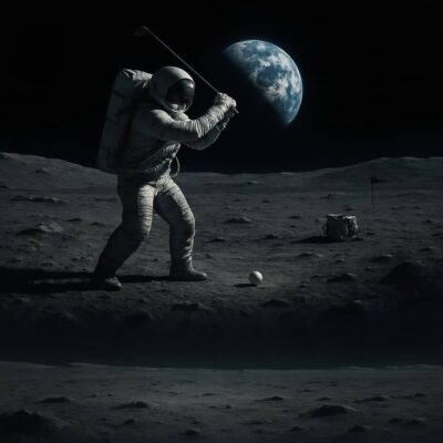 Alan Shepard swings a golf club on the Moon with Earth in the background