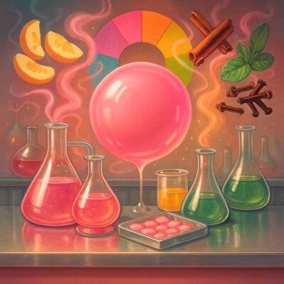 Pink bubblegum with lab beakers, fruit slices, spices, and flavor wheel