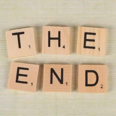 Wooden letter tiles spelling out 'THE END'