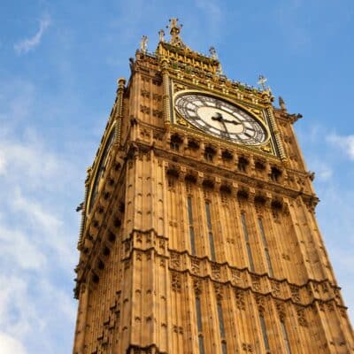 Close-up view of the Elizabeth Tower and Big Ben clock face