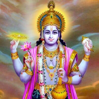 Depiction of Hindu deity Vishnu holding a lotus, conch, mace, and discus
