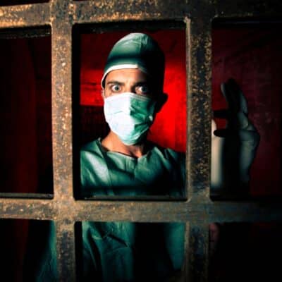 Surgeon in scrubs and mask staring through rusty metal bars in red-lit room