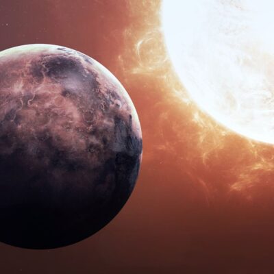 Planet Mercury near the bright Sun in space