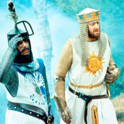 Two knights from Monty Python and the Holy Grail in medieval armor