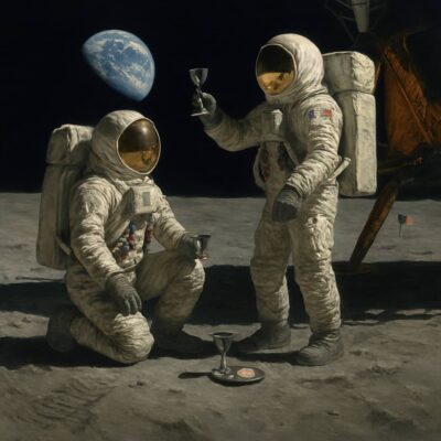 Buzz Aldrin and Neil Armstrong sharing communion on the moon with silver chalices