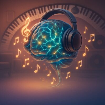 Glowing brain wearing headphones surrounded by musical notes and piano background