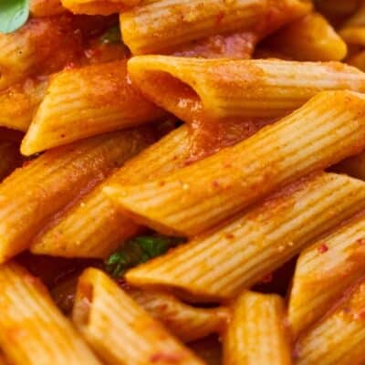 Close-up of penne pasta in red tomato sauce with herbs