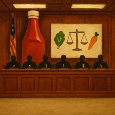 Panel of officials seated before images of lettuce, a carrot, and a ketchup bottle