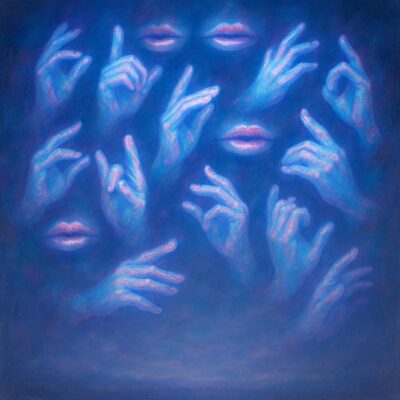 Multiple glowing hands signing and disembodied lips floating in a blue mist