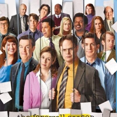 Main cast of The Office posed together with Dwight Schrute in front center