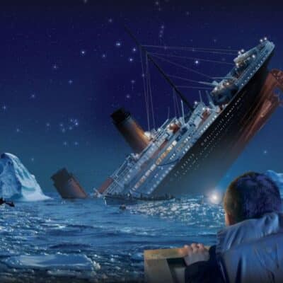 Titanic sinking at night with lifeboats and iceberg nearby