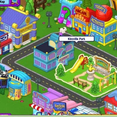 Colorful virtual town from Webkinz featuring shops, a school, and Kinzville Park