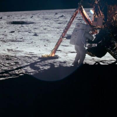 Neil Armstrong near the lunar module on the Moon's surface