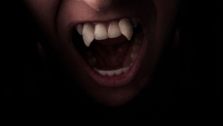 A face looming out of the darkness baring long, pointed white vampire teeth