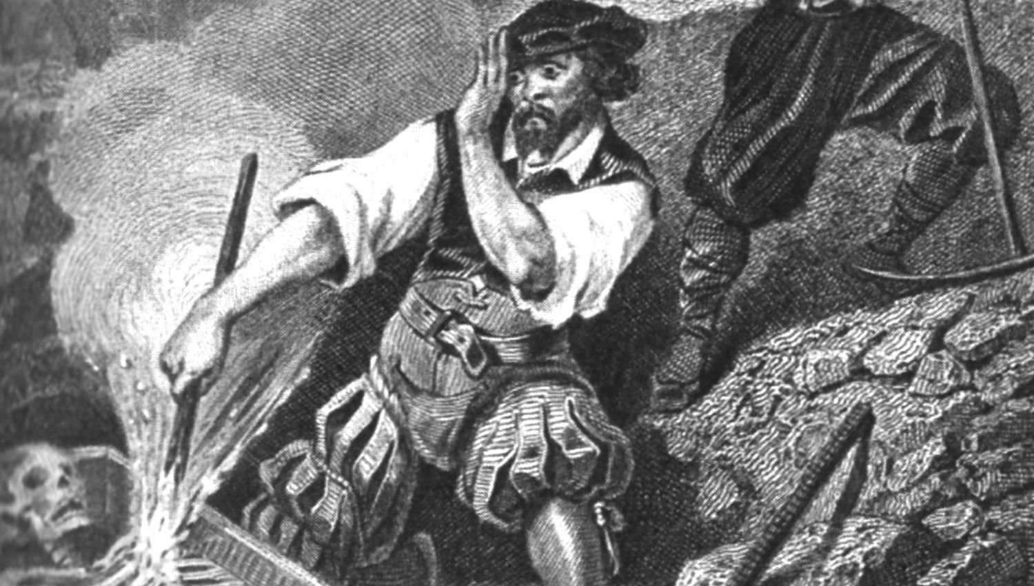 a vampire hunter staking a skeleton through the heart