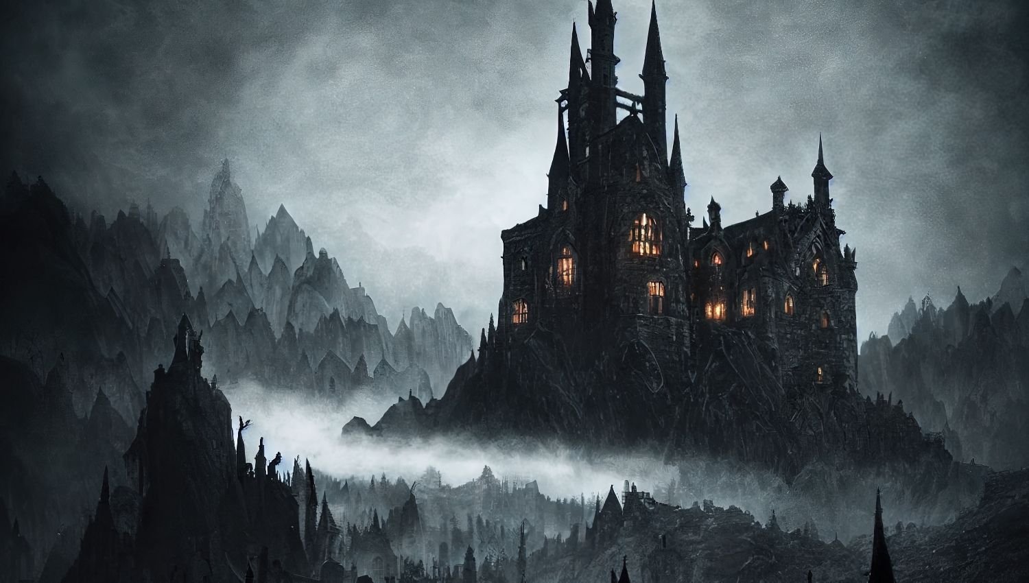 A spooky lookingf castle on a dark and stormy night