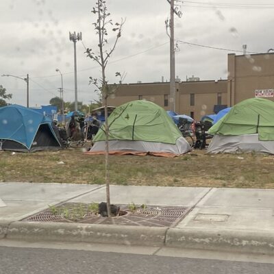 Dozens of tents set up in an urban homeless encampment near a sidewalk and street