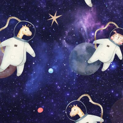 Cartoon giraffes and sheep in astronaut suits floating in outer space