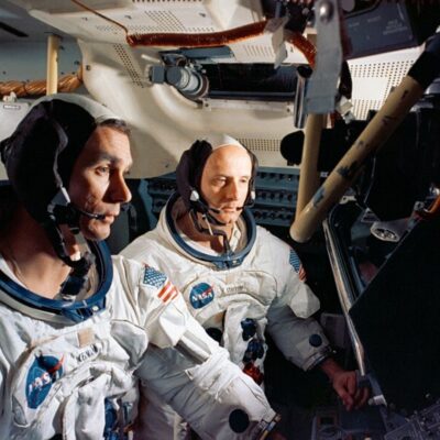 Apollo 10 astronauts Eugene Cernan and Thomas Stafford inside the command module