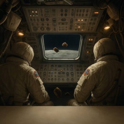 Two astronauts watch floating poop in a spacecraft near the Moon