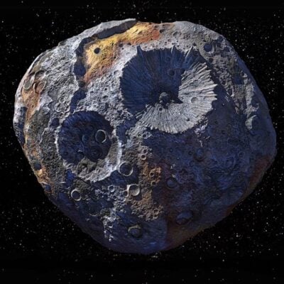Large, rocky asteroid with multiple craters floating in space