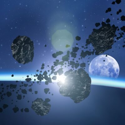 Cluster of rocky asteroids drifting in space near Earth and the Moon