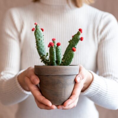 Person holding a small potted cactus with red buds