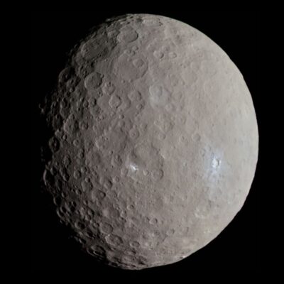 Ceres with visible craters and bright surface spots in space