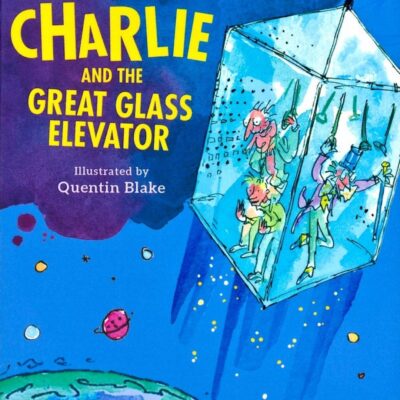 Charlie, Willy Wonka, and others ride a glass elevator through space near Earth