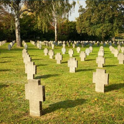 Rows of stone crosses in a World War II military cemetery