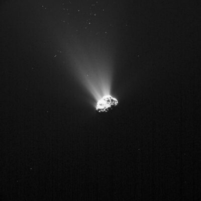 Comet 67P with bright jets of gas and dust in space