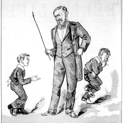 A stern teacher holding a cane confronts two frightened schoolboys