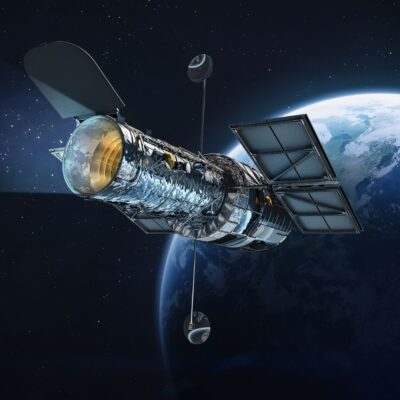 Hubble Space Telescope orbiting Earth with solar panels extended