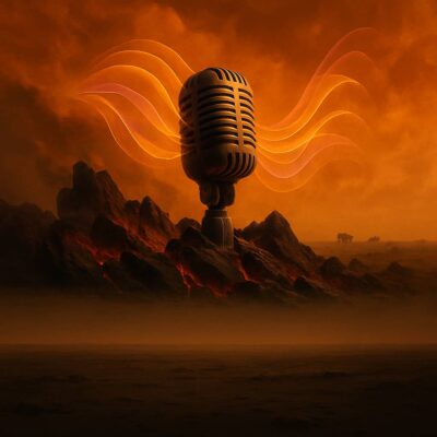 Large vintage microphone emitting sound waves on a rocky, fiery Venus-like surface