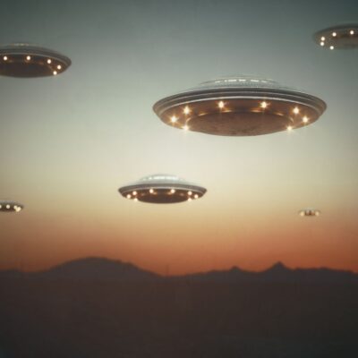 Multiple flying saucers hover over a desert landscape at sunset