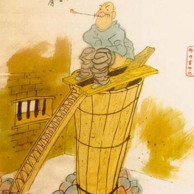 Elderly man smoking a pipe while squatting on a raised wooden toilet