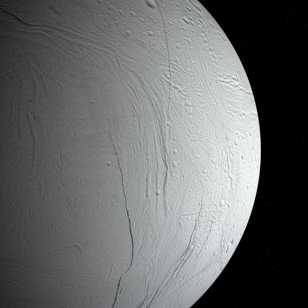 The south pole of Enceladus, one of Saturn’s moons, is covered in long, parallel fissures nicknamed “tiger stripes.”