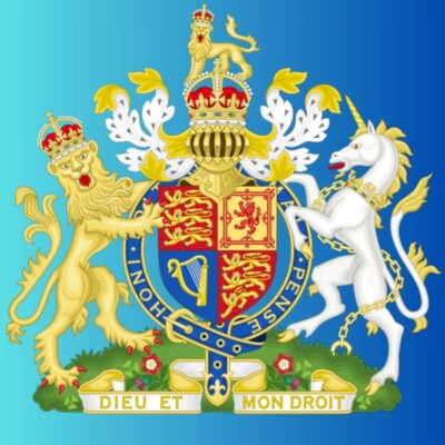 British royal coat of arms with crowned lion and chained unicorn