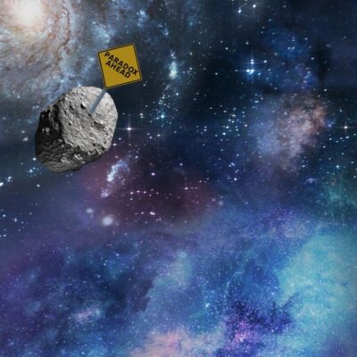 Asteroid in space with a sign reading 'Paradox Ahead'