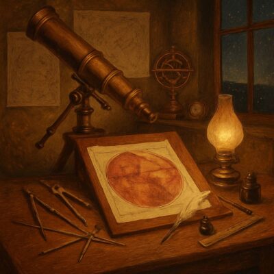 Old telescope and tools beside Johann Heinrich Mädler’s 1840 map of Mars